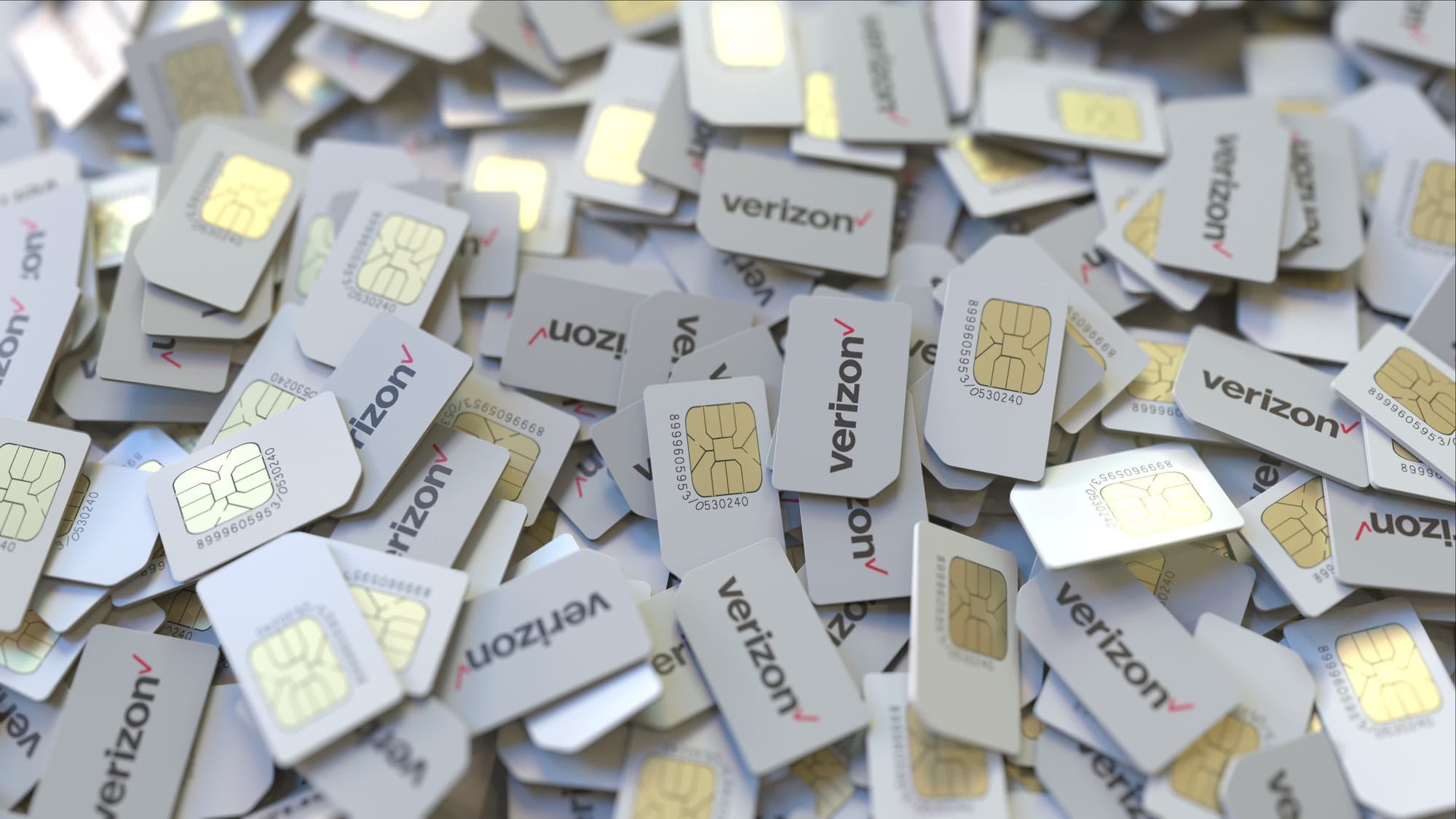 verizon-swot-analysis-threats Pile of SIM cards with Verizon Communications Inc. plc logo, close-up. Editorial telecommunication related 3D rendering